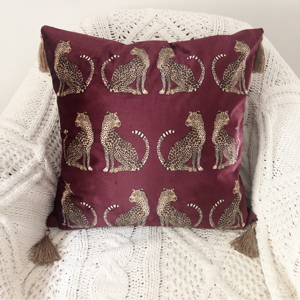 Burgundy Cheetah Print Tassel Throw Pullow